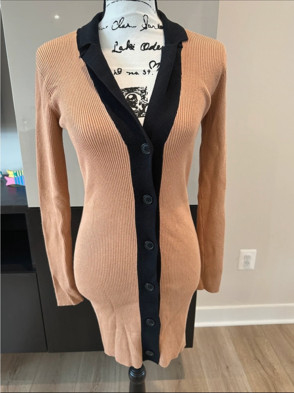 VENUS Camel Ribbed Button-Front Cardigan Dress with Black Trim
